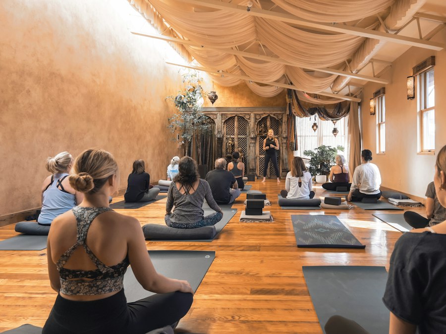 A warm yoga studio mid-class