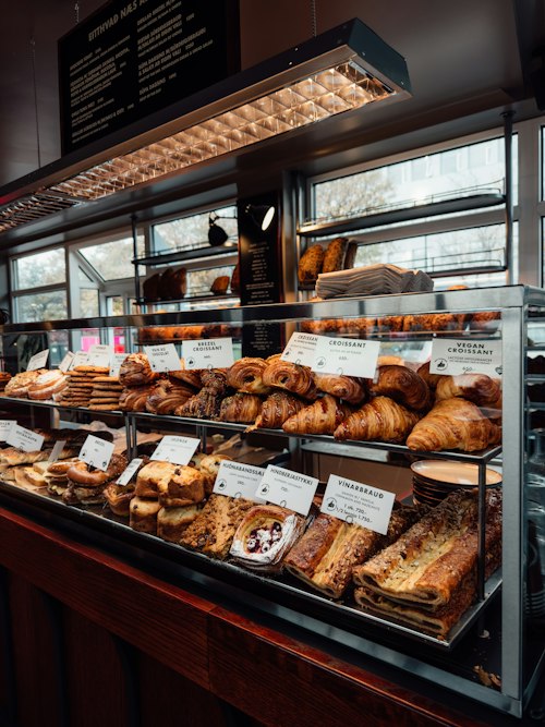 Croissants in a bakery case